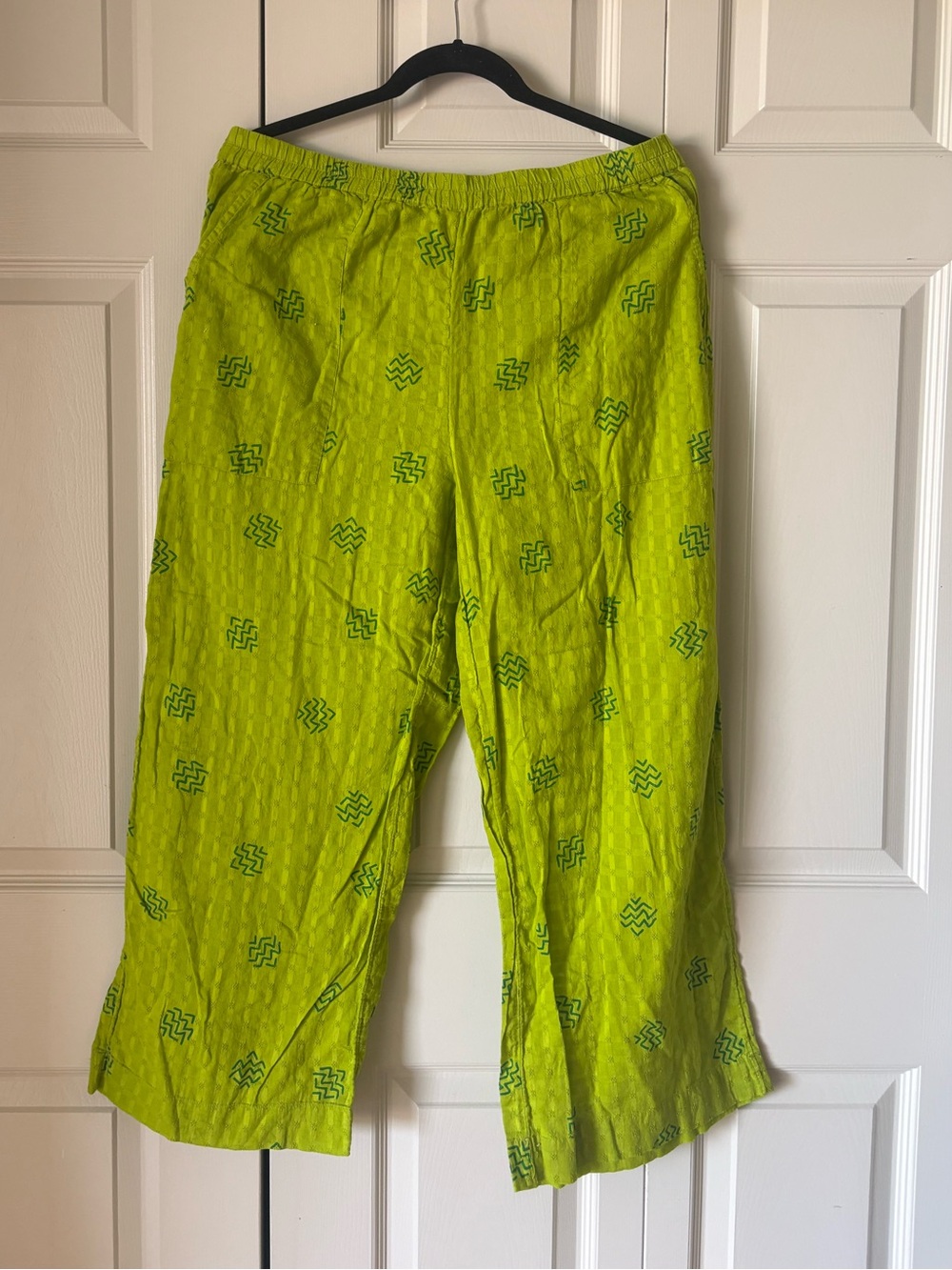 Gudrun Sjoden | Abstract lime cotton pants. Lagenlook Scandinavian artsy. Large.